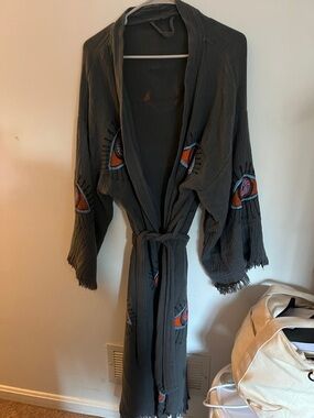 Charcoal Embroidered Eye Kimono Robe - Orange & Pink Accents
